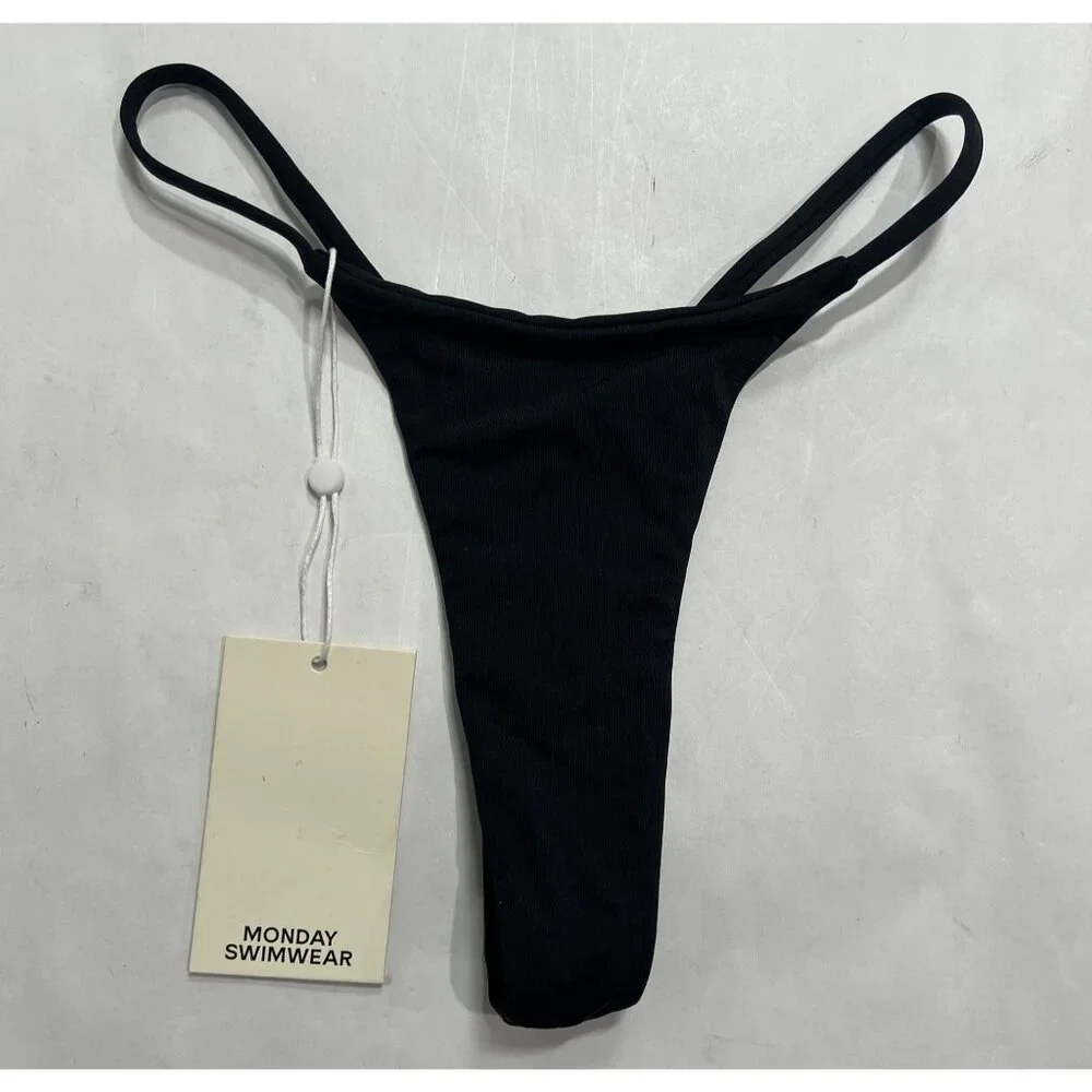 MONDAY Swimwear Brazil Thong Bikini Bottoms in Black